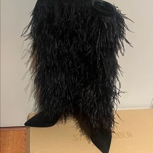 Black Feathered and Faux Suede Boots